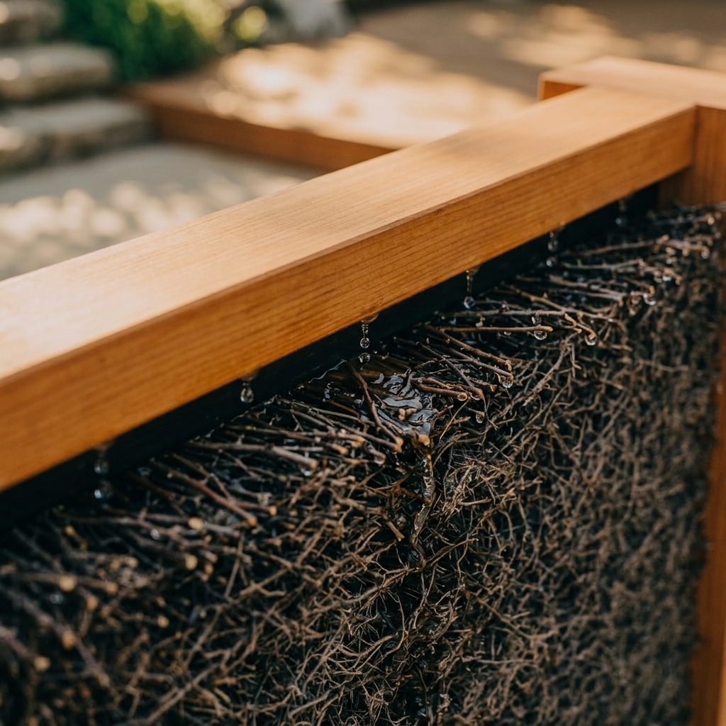 Brine running slowly down a brushwood panel