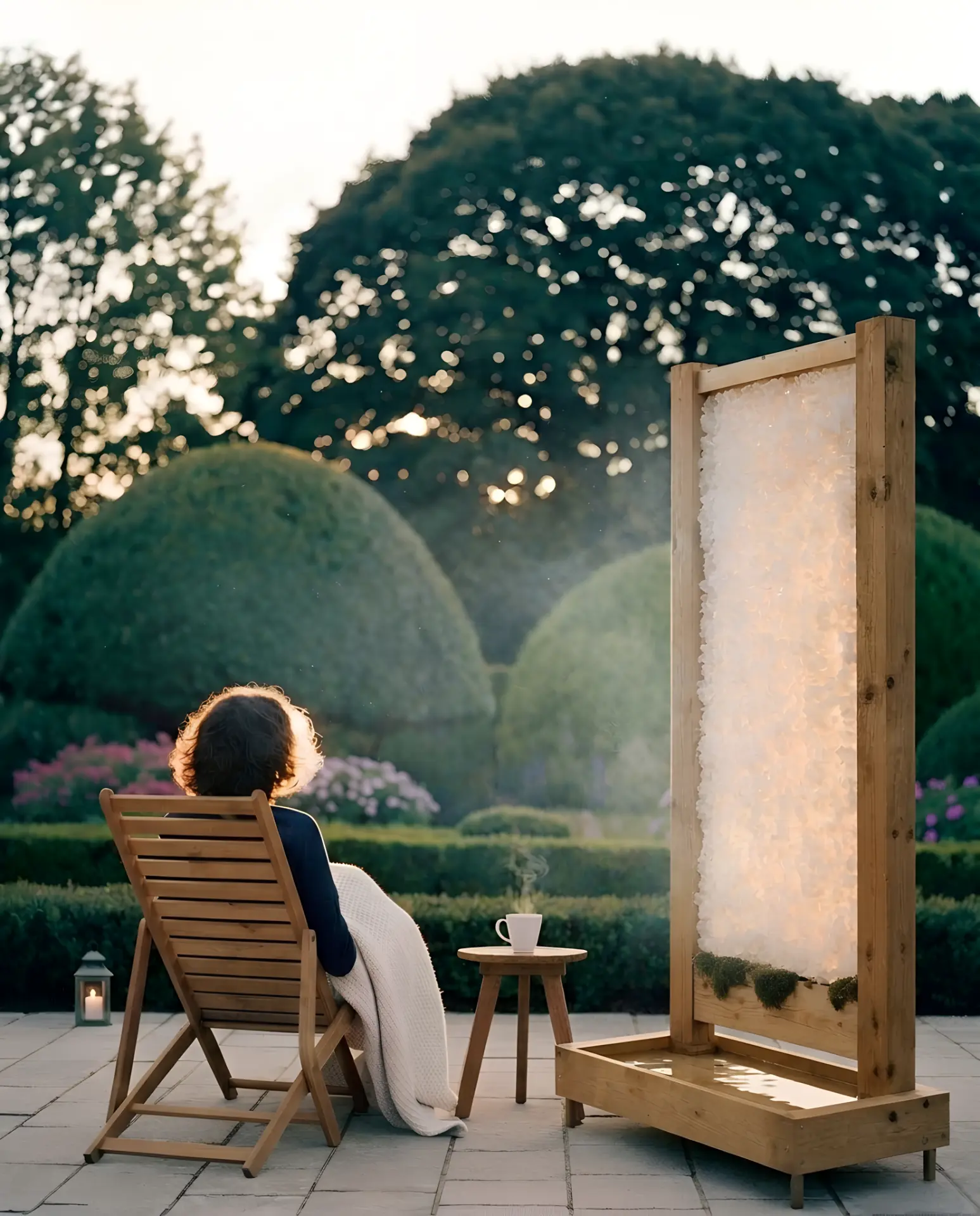 Salt Wall glowing beside a seating corner as someone wrapped in a blanket looks out over a sunlit garden